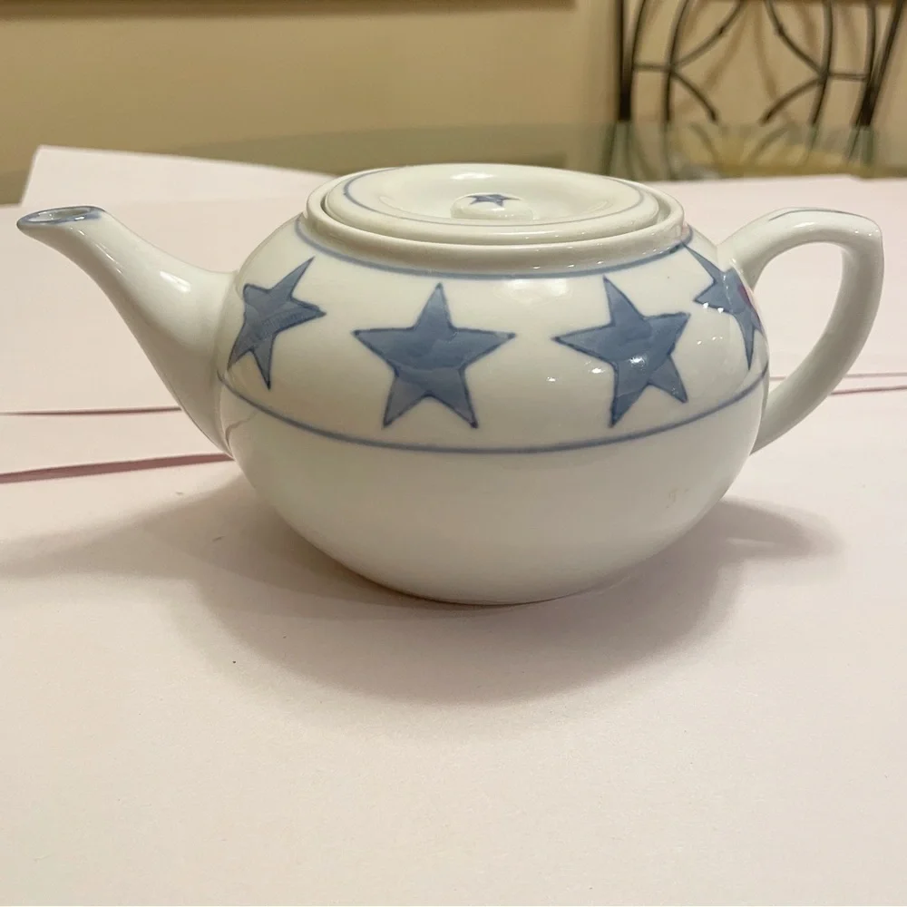 White & Blue Stars Pier 1 Stoneware Teapot